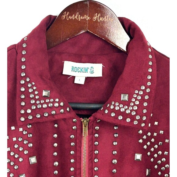 Rockin G Women Maroon Jacket Studded Moto Faux Suede Full Zip Bell Sleeve Sz L - Picture 10 of 12